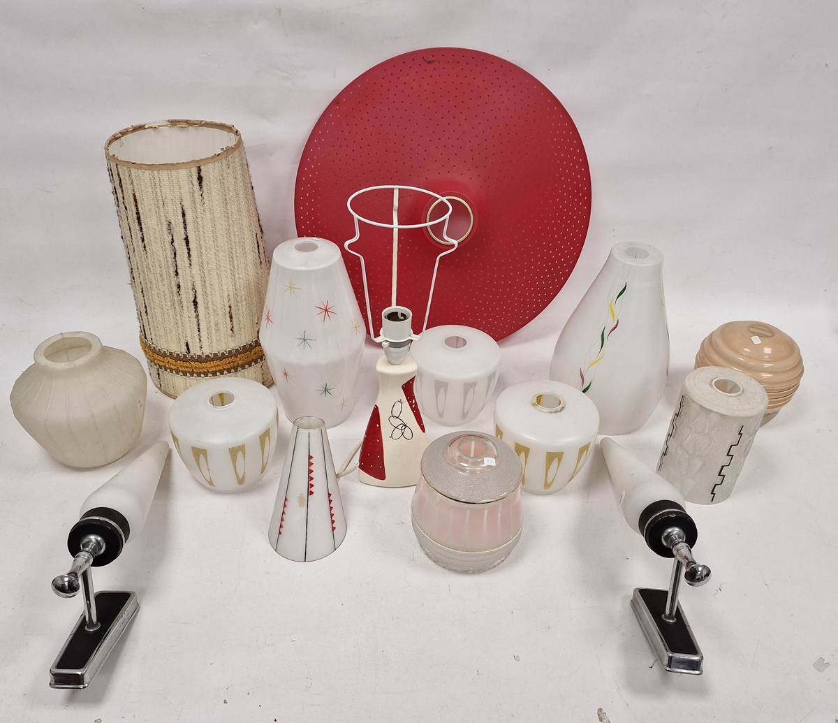 Collection of mid-century light fittings, predominantly opaque glass, some decorated with - Image 2 of 2