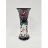 Moorcroft pottery Macintosh pattern tapering trumpet shaped flower vase, designed by Rachel
