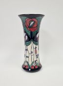 Moorcroft pottery Macintosh pattern tapering trumpet shaped flower vase, designed by Rachel