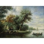 20th century school Oil on canvas Dutch-style waterside scene with figures, boats and horses in