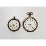 Two continental low grade silver-cased pocket watches, both having enamel dials, one marked 800, the