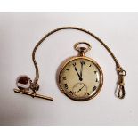 9ct gold pocket watch, button winding, with subsidiary seconds dial and a gilt albert chain with