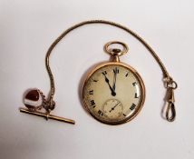 9ct gold pocket watch, button winding, with subsidiary seconds dial and a gilt albert chain with