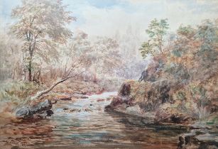G A Barr (19th century)  Watercolour drawing River landscape, signed and dated 1887, in ornate