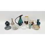 Collection of studio pottery and art glass, including a Mdini glass vase cased with turquoise and