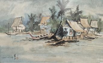 Far Eastern school Watercolour drawing Shore scene with huts on stilts, signed indistinctly ...
