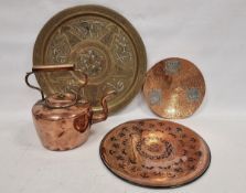 Victorian copper kettle, 27cm high, a Middle Eastern brass inlaid tray, silvered with stylised