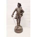 Lucien Eugen Olivier Heurtebise (1867-1944) bronze figure, musketeer, signed, with circular scroll