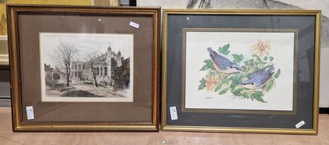 Five assorted framed prints to include a view of St Georges Chapel, Windsor, a botanical print, a