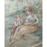 Heather Hobson Crayon drawing Mother and children seated beneath tree, labelled verso and dated