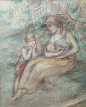 Heather Hobson Crayon drawing Mother and children seated beneath tree, labelled verso and dated