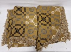 Pair of vintage Welsh wool tapestry blanket bedspreads, with rounded ends, mustard ground with