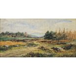 A E Williams  Oil on board Moorland landscape, signed and labelled verso, 19.5cm x 36.5cm