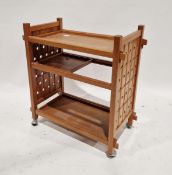 Modern oak drinks trolley with three adjustable shelves raised on castors, 79cm high x 76cm wide x