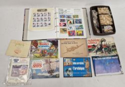 All World: 3 schoolboy stamp albums, box of postal covers, and 3 containers, tin & plastic bag of