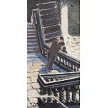 Carl Chuck?? (20th century school) Oil on canvas Man leaning on railing in stairwell, indistinctly