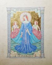 Kathleen M Day Watercolour drawing with gold "St Elizabeth of Hungary", 20.5cm x 15cm  Black and