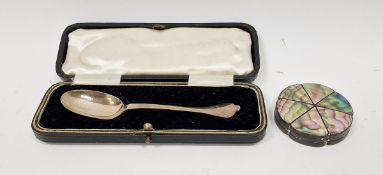 Silver spoon with triffid terminal, Sheffield 1934, cased, and a Danish white-metal and abalone