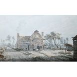 R Pilkington (18th century) Watercolour drawing Figures in garden beside cottage with cart and barn,