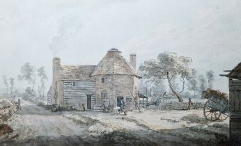 R Pilkington (18th century) Watercolour drawing Figures in garden beside cottage with cart and barn,