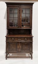 Late 19th/early 20th century oak kitchen dresser, the top section having two glazed cupboard doors