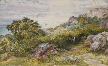 Attributed to John Brett ARA (1831-1902) Watercolour & gouache mounted on card Cliff scene in