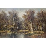 Neogradin (Hungarian, 20th century) Oil on canvas Woodland landscape with view of trees