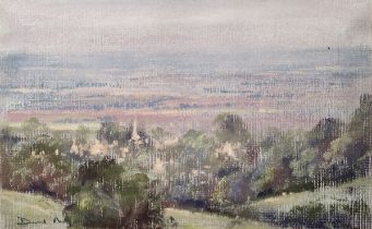 David Mynett Pastel drawing "Church near Stanton", signed and labelled verso, 14.5cm x 23cm