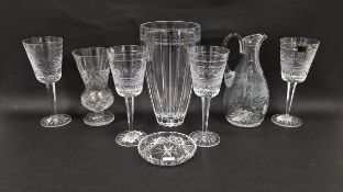 Four Waterford Michael Aram designed Ma Gipur goblets, one with Aram label, a tapering oviform cut