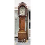 19th century oak-cased eight-day longcase clock, the break arch dial with painted decoration