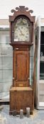 19th century oak-cased eight-day longcase clock, the break arch dial with painted decoration