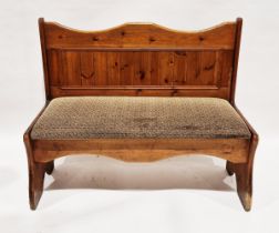 Pair of 20th century pine settles with upholstered seat base, 103cm high x 124cm wide x 54cm deep (