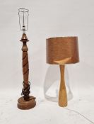 Two Mid century turned wood table lamps with matching textured shades (2)