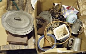 Large pewter lidded tureen, pewter tankards, large meat dishes, assorted ceramics and a wooden box