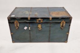 Blue painted, metal bound travelling trunk with removable tray, 103cm x 50cm x 53cm