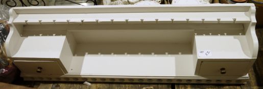 White painted vintage spoon/plate rack with two drawers on either side, a frieze below, 39cm high