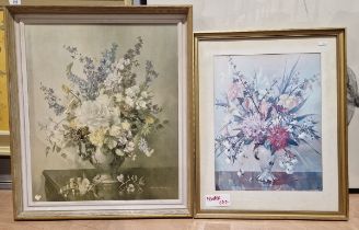 Three framed prints showing still life of flowers and an 18th century-style mirror with carved frame