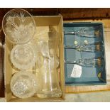 Assorted cut glass and other glassware to include decanters, vases, sundae dishes, fruit bowls, wine