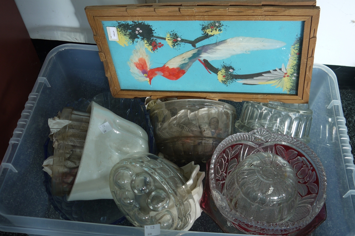 Various vintage jelly moulds including ceramic, glass, a flash glass fruit bowl and two pictures