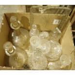 Assorted moulded glassware to include decanters, candle holders, tray, etc, ceramic figurines, small
