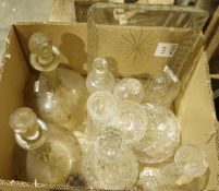 Assorted moulded glassware to include decanters, candle holders, tray, etc, ceramic figurines, small