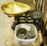 Pair of vintage Salter-style scales with weights, ceramic mixing bowls and two large ceramic