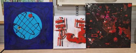 Three various abstract on canvas of varying sizes, 44cm x 42cm, 61cm x 60cm and 57cm x 58cm (3)