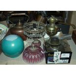 Brass paraffin lamp with a green glass globe, a brass paraffin lamp with chimney and a modern