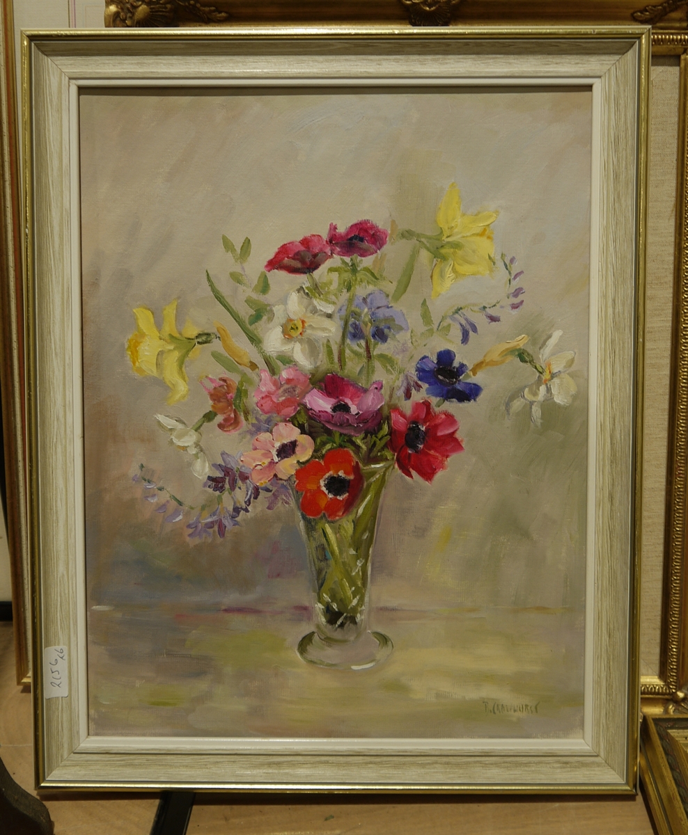 B Crowhurst Oils on canvas Still life vase of flowers to include iris, daffodils, daisies, lilies, - Image 4 of 5