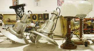 Two industrial style aluminium hanging lights and two wood columned table lamps with spherical white