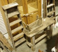 Small vintage stepladder, a tall vintage stepladder, a wooden work table and a small work stool (4)