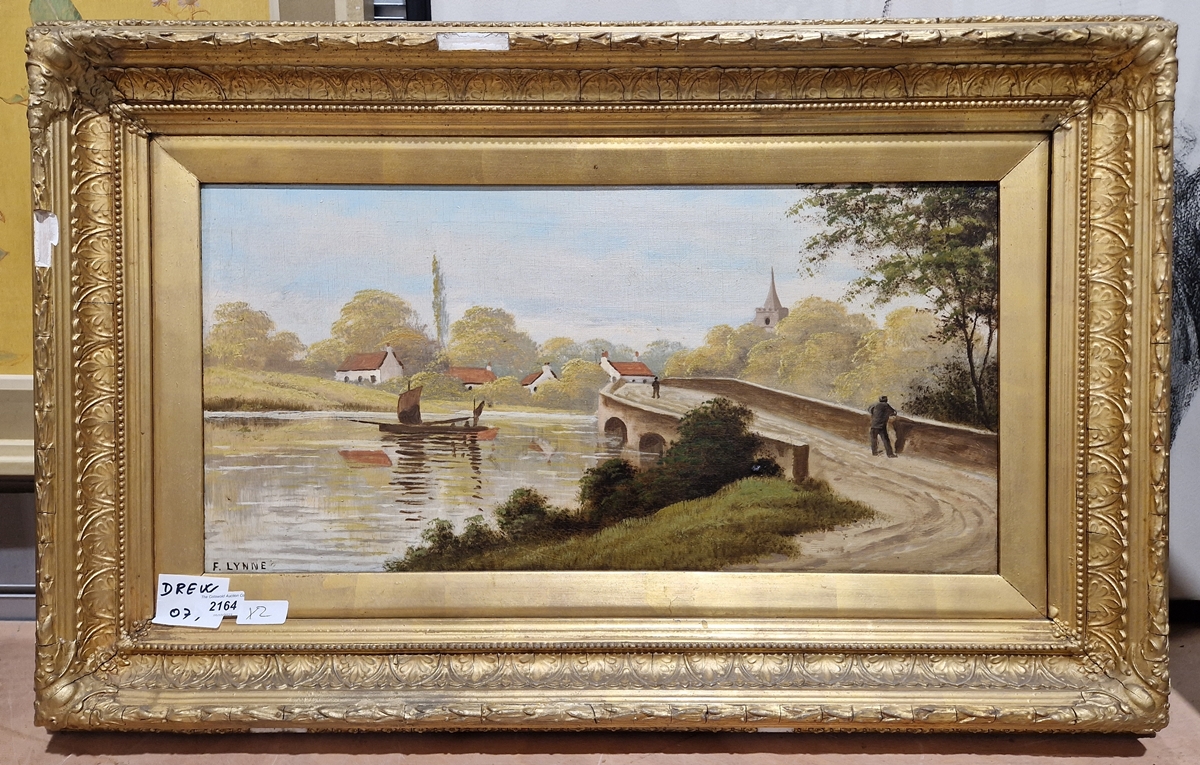 F Lynne Oil on canvas River scene with a sail boat approaching a bridge and a steeple in the - Image 3 of 4