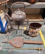 Vintage cast iron kettle, plant stand, bellows, brass poker, and a waste paper bin (5)