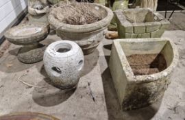 Collection of eight reconstituted stone garden ornaments, viz: bird bath, square, quarter round,